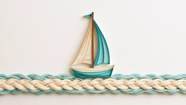 Elegant quilled paper sailboat on textured ocean waves