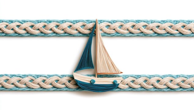 A handcrafted sailboat ornament on a braided rope border