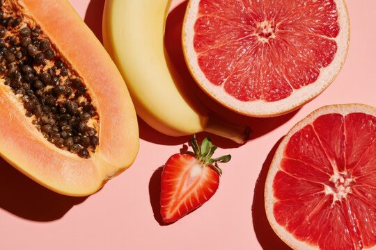 Fresh, vibrant fruits, including papaya, banana, grapefruit, and strawberry, on pink