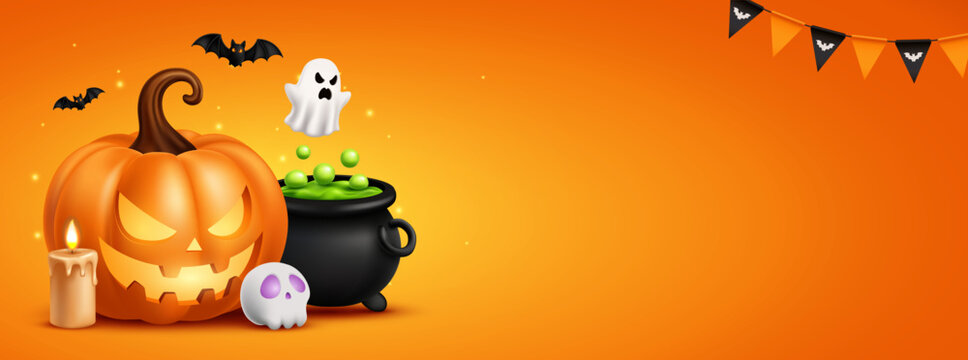 Halloween Background with Jack O Lantern, Magic Cauldron, Ghost and Bats on Orange Gradient
