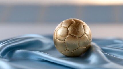 Naklejka premium Golden soccer ball resting on elegant blue silk fabric luxury championship concept