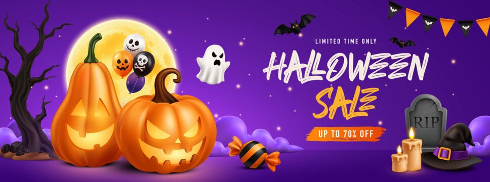 Halloween Sale Banner with Jack O Lantern Pumpkins, Ghost, Bats and Spooky Decorations