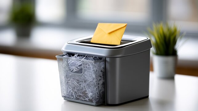 Compact paper shredder machine with yellow envelope on office desk for data security