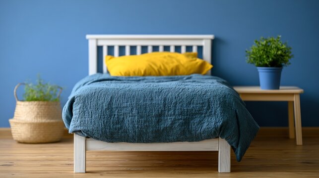 Minimalist white single bed with blue bedding and yellow pillow in modern blue bedroom interior