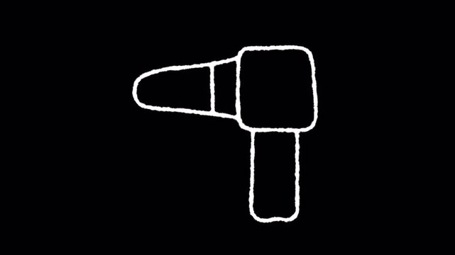 Simple line art animation of a massage gun device appearing on screen.