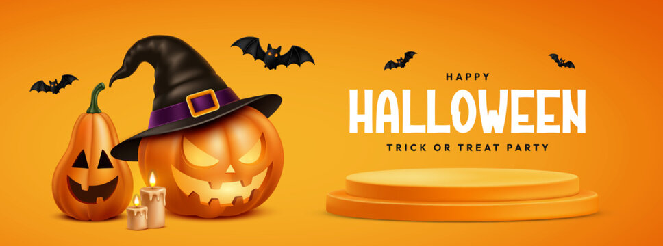 Halloween Party Sale Banner with Pumpkins, Witch Hat, Candles and Empty Product Display Podium