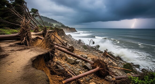 A massive landslide has decimated a coastal dirt path, leaving uprooted trees and a jagged, eroded cliffside against a dark, stormy ocean, force, waves, hazard