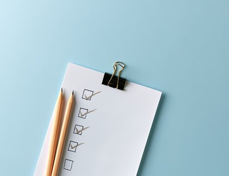 Paper with checked boxes and pencils on blue background