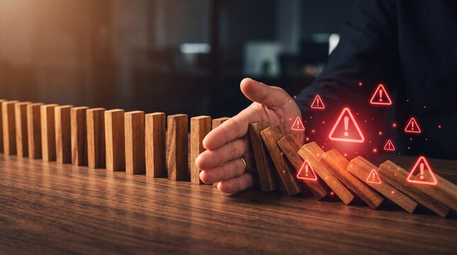 Businessman Hand Stopping Domino Effect with Warning Icons for Risk Management and Crisis Prevention Strategy
