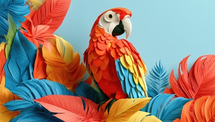 Obraz premium Vibrant paper macaw perches amidst a colorful, layered, tropical foliage