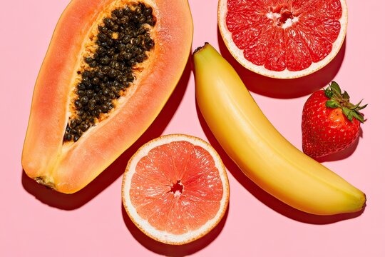 Colorful assortment of tropical fruits and berries on a vibrant pink surface