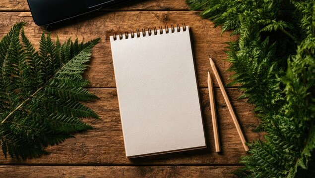 Blank notebook on rustic wood with green ferns and pencils
