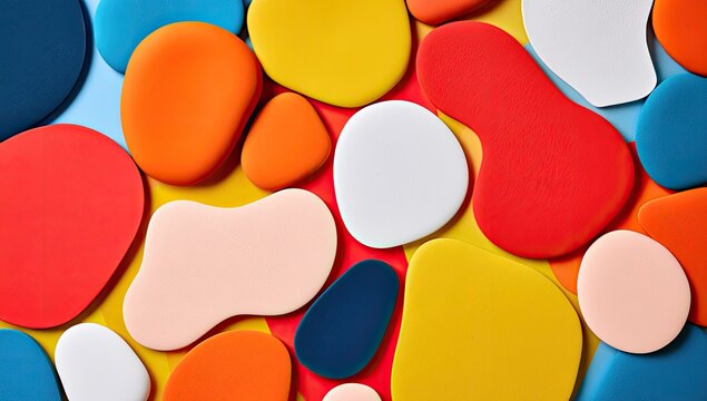 Vibrant, organic shapes of various sizes and colors arranged fluidly