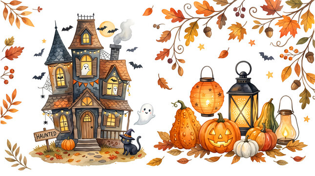 Whimsical haunted house with pumpkins, ghosts, and lanterns for Halloween.