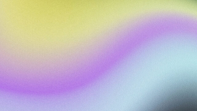 Abstract textured background with grainy noise effect, smooth flowing color gradient blending pale yellow, violet purple, light cyan, and dark charcoal gray. 