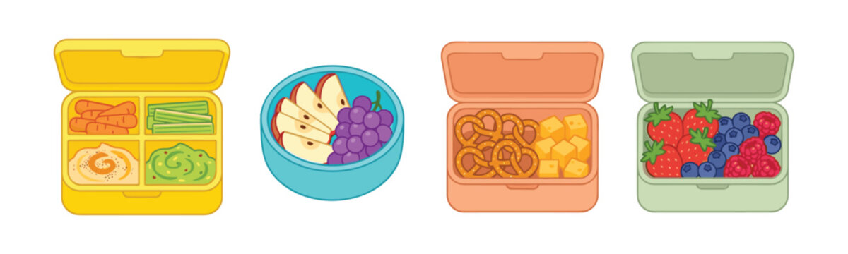 Healthy school lunch box set with fresh fruits vegetables cheese and pretzel snacks.