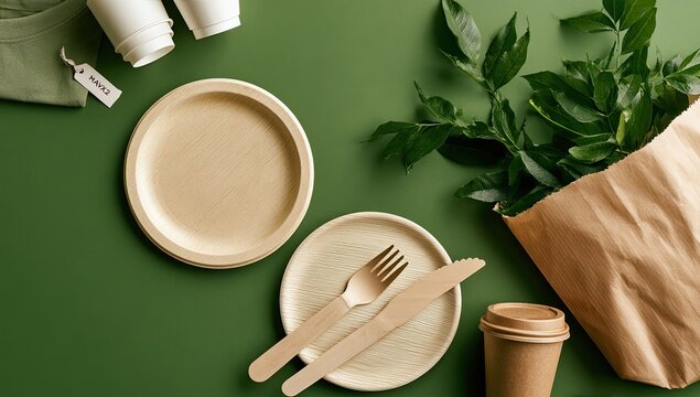 Natural table setting with eco-friendly plates, cups, cutlery, and greenery