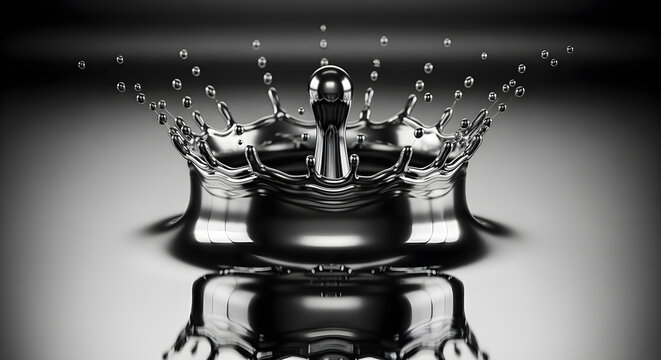 Liquid metal splash forming a perfect crown shape with reflection on dark background