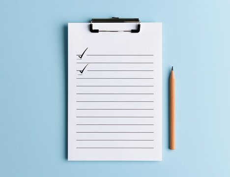 A blank ruled notepad on a clip, with two checkboxes marked