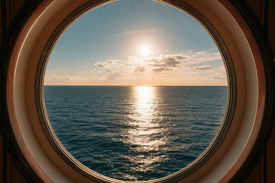Circular window view of a tranquil ocean at sunset with bright sun and clouds