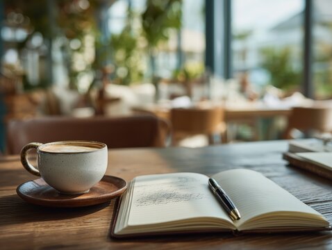 cozy cafe setting with coffee and notebook