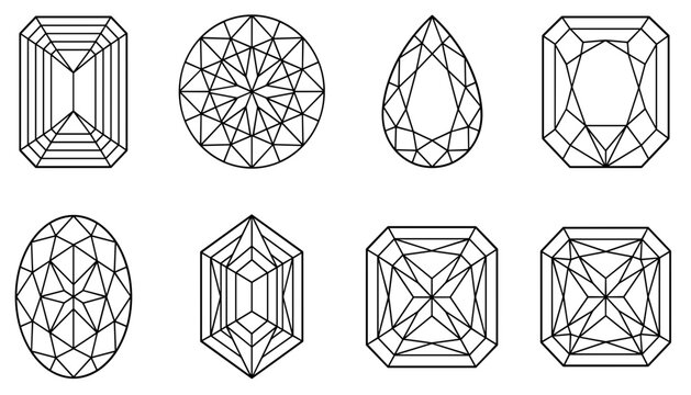 Diamond and gemstone cuts vector icon set featuring emerald round pear oval radiant and princess shapes line art