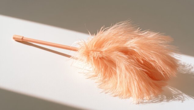 Soft peach feather duster on white surface with diagonal sunlight shadow