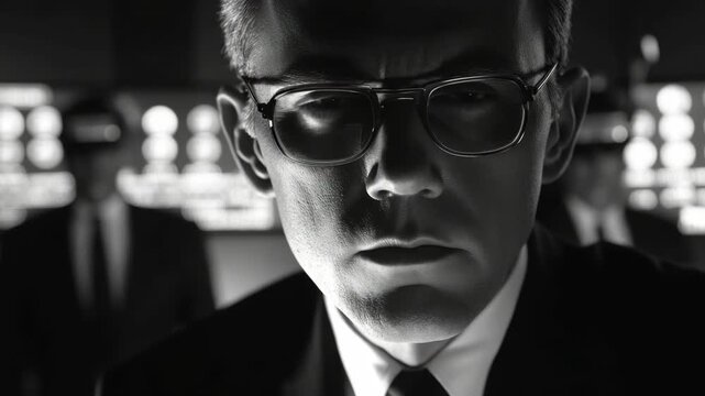 Portrait of a Serious Man with Glasses in a Command Center