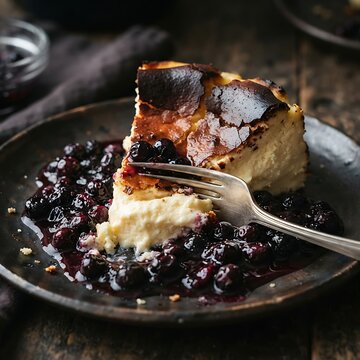 Fork taking bite of basque burnt cheesecake with blueberry compote on black plate.