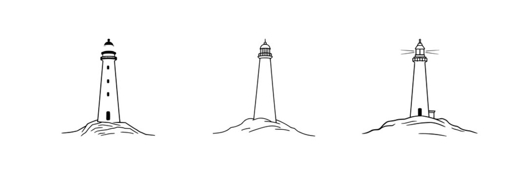 Minimalist line art of a lighthouse beam cutting through fog, coastal decor, simple fluid strokes, isolated on white. set with simple line art design featuring sketches, drawings, vector graphics w...