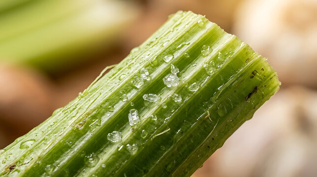Close-up of a glistening celery stalk with water droplets and salt crystals