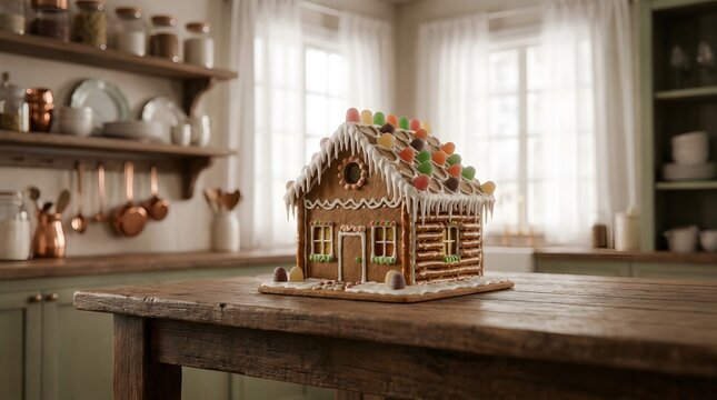 A beautiful homemade gingerbread house sitting on a rustic kitchen table wishing everyone a merry chistmas holiday season