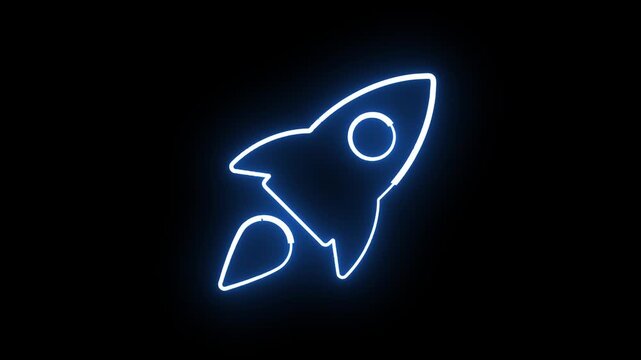 Animated neon rocket ship icon launches into space with glowing blue light on black background.