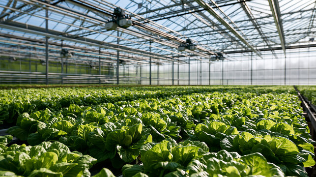 Modern Greenhouse Farming With Lush Green Crops in Controlled Environment Agriculture