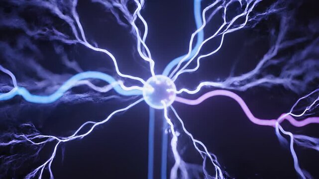 Plasma ball energy arcs pulsing with blue and pink light in a dark studio environment