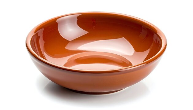 Empty glossy terracotta brown ceramic bowl isolated on white background for culinary presentation