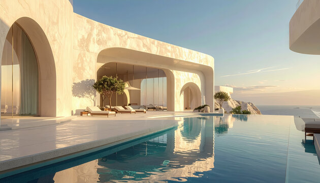 Luxury modern villa with infinity pool overlooking the ocean at sunset, featuring minimalist architecture and chic lounge chairs