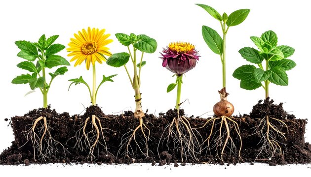 Row of growing plants and flowers with visible roots in rich dark soil isolated on white background