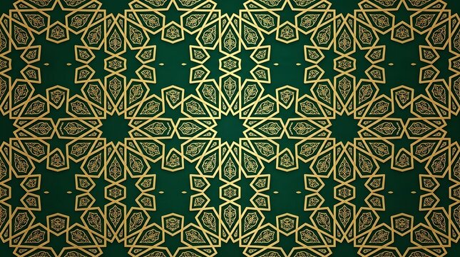 Traditional Green and Gold Islamic Geometric Tile Background. Eid Mubarak Theme Wallpaper Background.