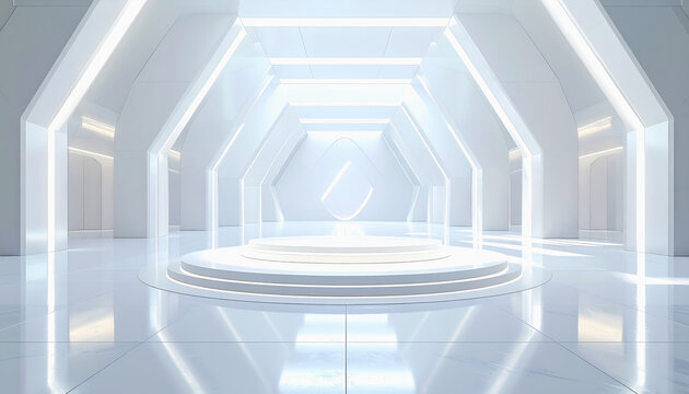 Futuristic white corridor with geometric design and illuminated podium