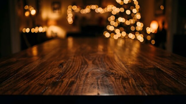 A festive wooden table background with blurred lights to celebrate a merry chistmas holiday season at home