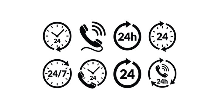 Set of black and white icons representing 24 hour service and customer support