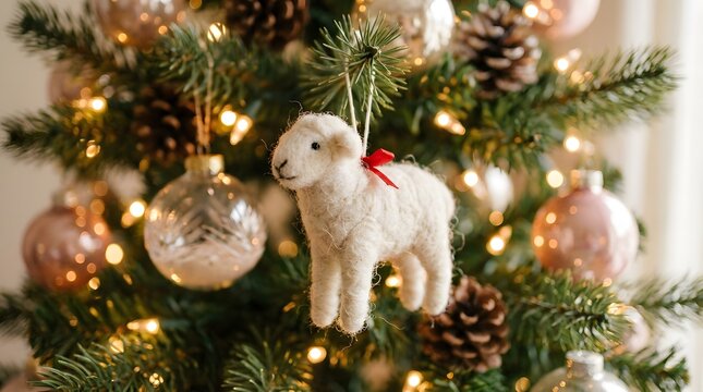 A cute lamb ornament hanging on a decorated pine tree wishing everyone a very merry chistmas holiday