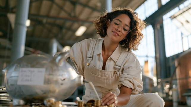 A lone candle maker in an industrial warehouse carefully pours wax beside a large piggy bank filled with coins, savings goal visible on a handwritten label, financial planning and