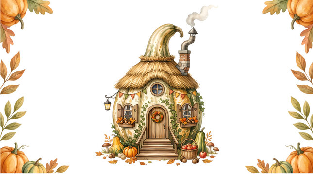 Charming thatched roof pumpkin cottage framed by autumnal leaves and pumpkins for harvest.