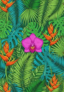 A seamless botanical background displaying intricate tropical palm leaves and exotic blossoms in a traditional hand-drawn artistic style, decorative, background, lush