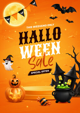 Halloween Weekend Sale Poster with Pumpkins, Witch Hat and Haunted House