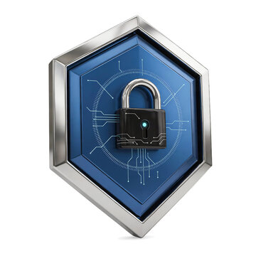 Cyber security shield icon with steel frame padlock and digital circuits isolated on white background 3D rendering