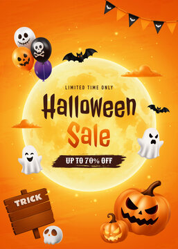 Halloween Sale Poster Template with Pumpkin, Bats, Ghost and Moon