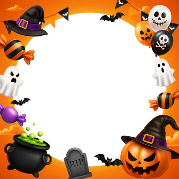 Halloween Square Background with Pumpkins, Ghosts, Bats and Spooky Decorations
